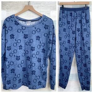 Harry Potter Two Piece Soft Stretchy Hacci Jogger Pajama Set Blue Womens Medium